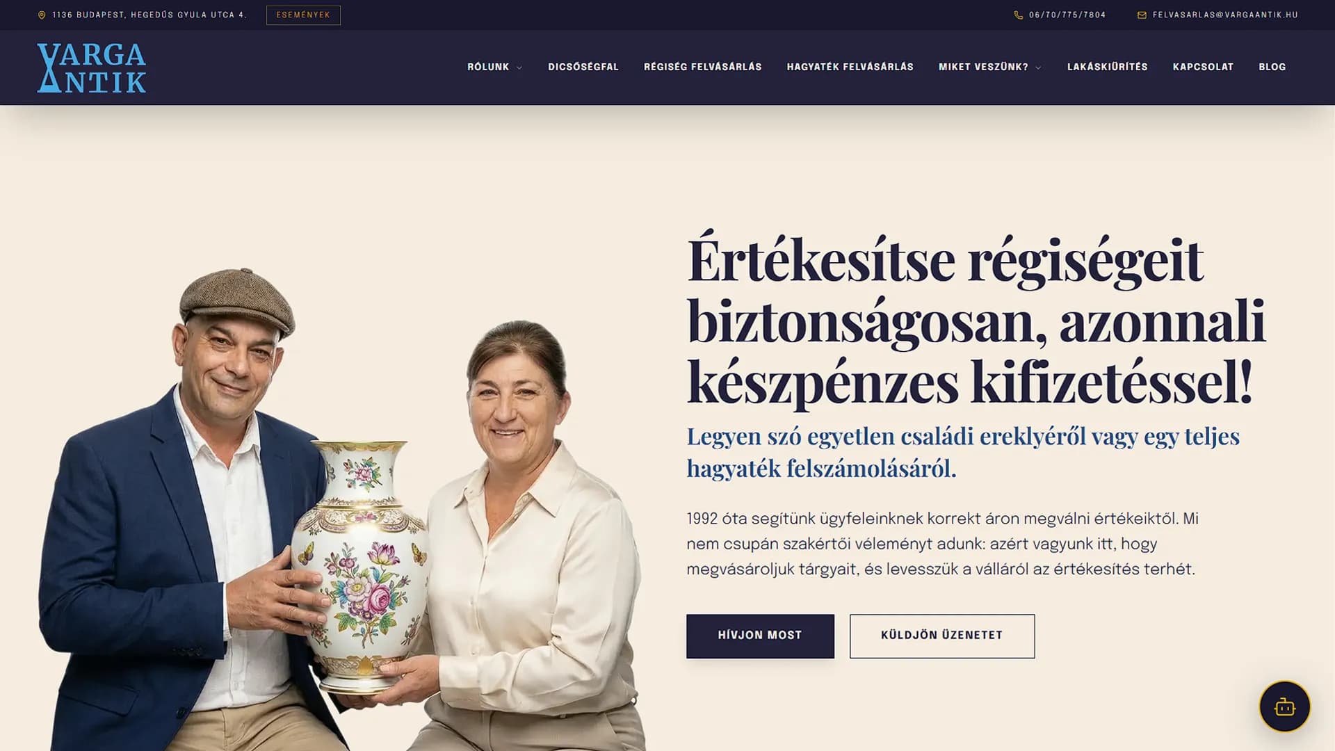 Varga Antik website screenshot